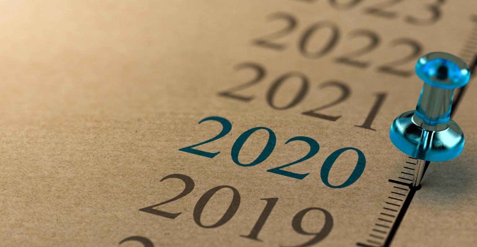 A pin pointing out the year 2020 in a list of years.