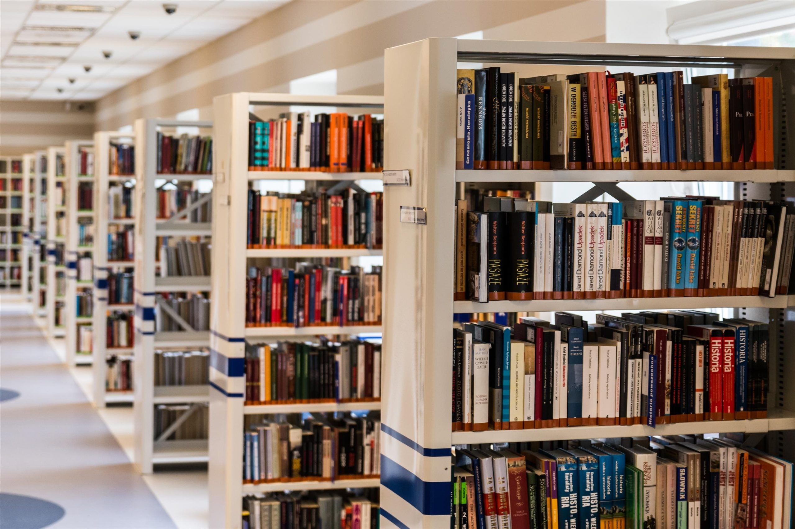 Library book shelves.