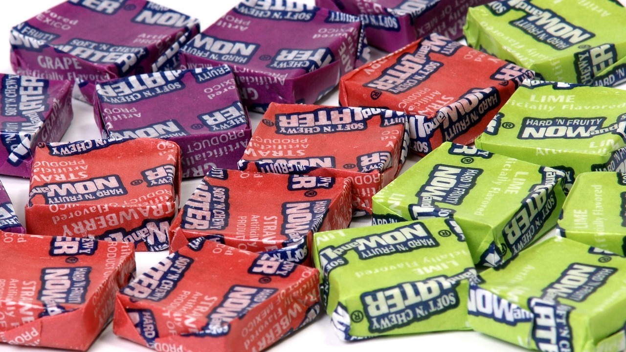 Purple, red, and green candy.